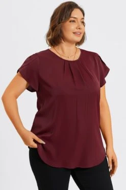 Plus Size Burgundy Round Neck Cap Sleeve Blouse -Bikini Bliss Shop c topbc026001 6