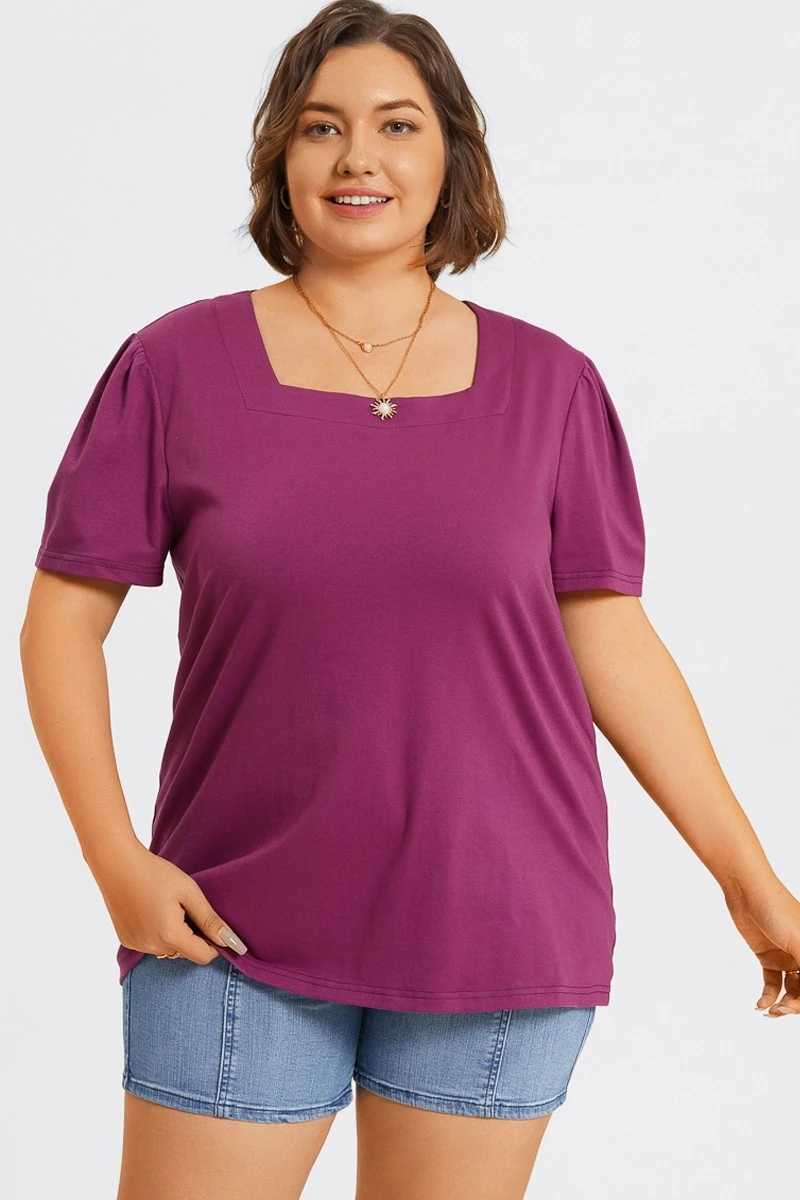 Plus Size Purple Square Neck Puff Sleeve Tops 1 Plus Size Purple Square Neck Puff Sleeve Tops