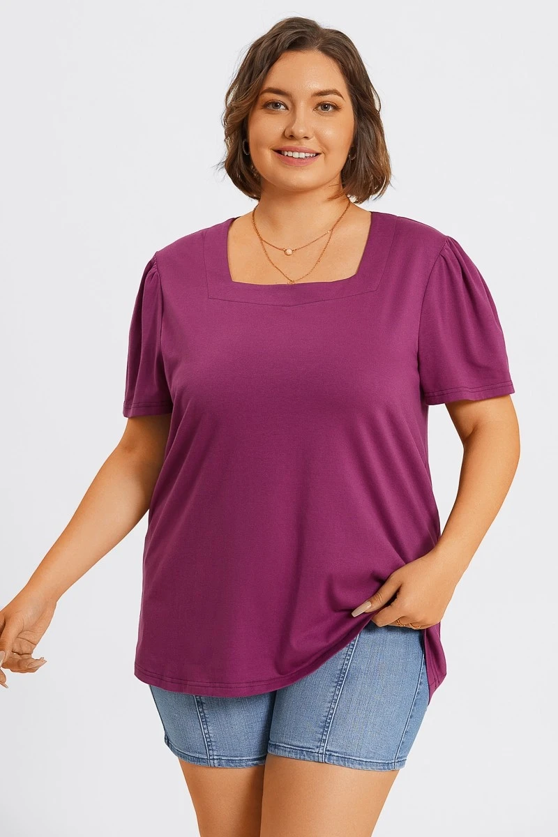 Plus Size Purple Square Neck Puff Sleeve Tops 3 Plus Size Purple Square Neck Puff Sleeve Tops - Image 3