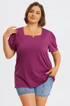 Plus Size Purple Square Neck Puff Sleeve Tops 10 Plus Size Purple Square Neck Puff Sleeve Tops -Bikini Bliss Shop c topbc027001 5