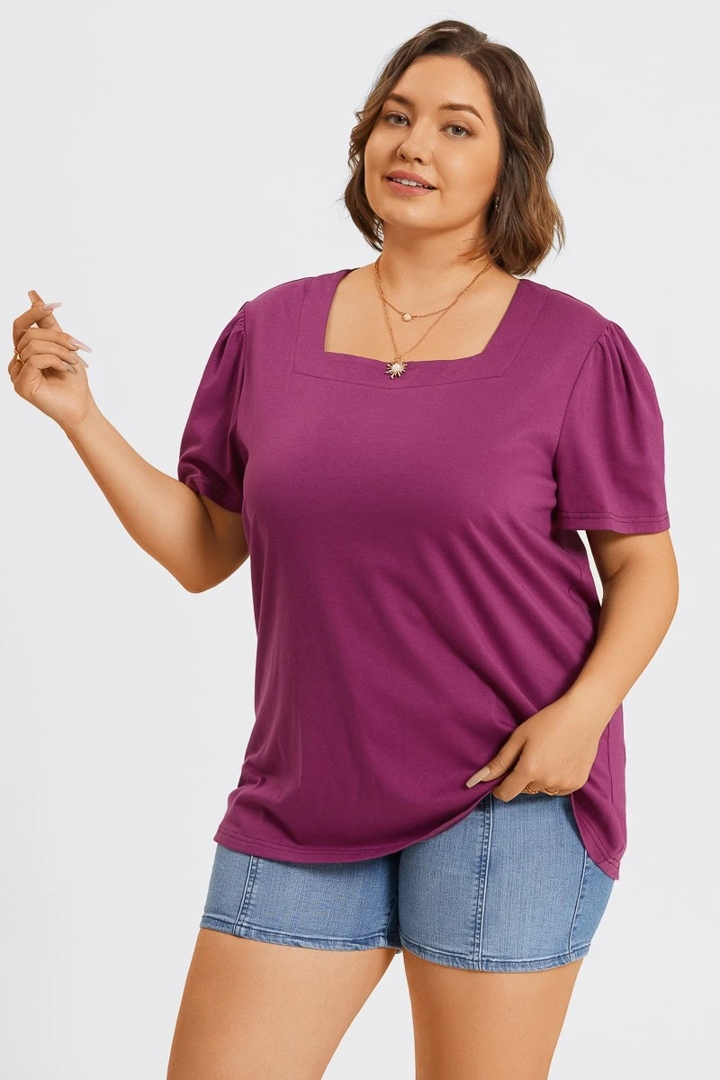 Plus Size Purple Square Neck Puff Sleeve Tops 6 Plus Size Purple Square Neck Puff Sleeve Tops - Image 6