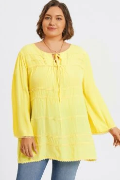 Plus Size Yellow Tie Neck Long Sleeve Blouse