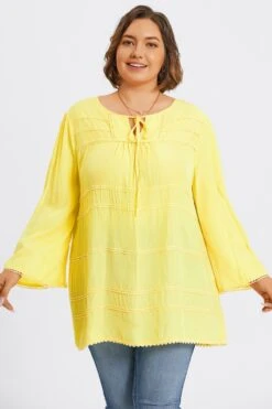 Plus Size Yellow Tie Neck Long Sleeve Blouse -Bikini Bliss Shop c topbc028001 3