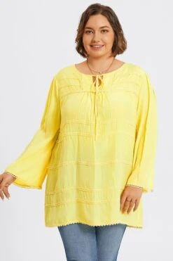 Plus Size Yellow Tie Neck Long Sleeve Blouse -Bikini Bliss Shop c topbc028001 4