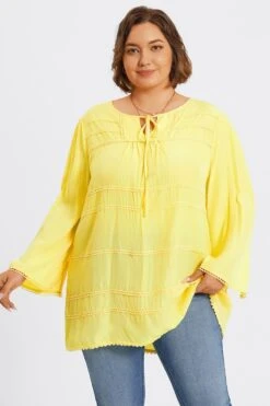 Plus Size Yellow Tie Neck Long Sleeve Blouse -Bikini Bliss Shop c topbc028001 5