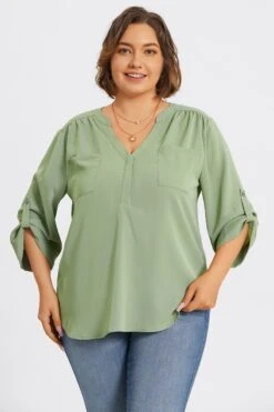 Grey Green V-Neck Pullover 3/4 Sleeve Blouse -Bikini Bliss Shop c topbc029002 3