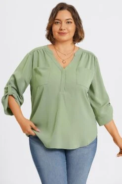 Grey Green V-Neck Pullover 3/4 Sleeve Blouse -Bikini Bliss Shop c topbc029002 4