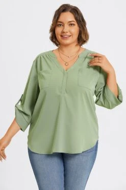 Grey Green V-Neck Pullover 3/4 Sleeve Blouse -Bikini Bliss Shop c topbc029002 5