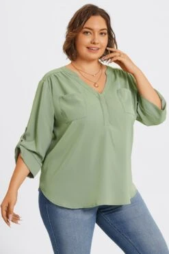Grey Green V-Neck Pullover 3/4 Sleeve Blouse -Bikini Bliss Shop c topbc029002 6