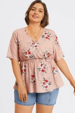 Floral Print Wrap Ruffles Asymmetrical Hem Blouse