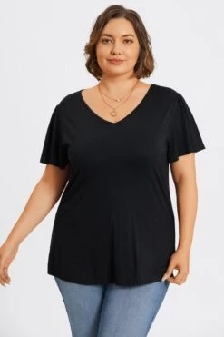 Plus Size Black V-Neck Flutter Sleeve Tee -Bikini Bliss Shop c topbc031001 3