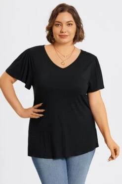 Plus Size Black V-Neck Flutter Sleeve Tee -Bikini Bliss Shop c topbc031001 4