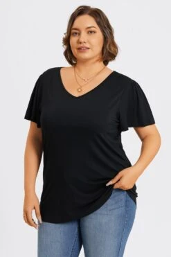 Plus Size Black V-Neck Flutter Sleeve Tee -Bikini Bliss Shop c topbc031001 5