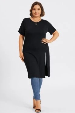 Black Crew Neck Split Front Long Tunic -Bikini Bliss Shop c topbc032001 3