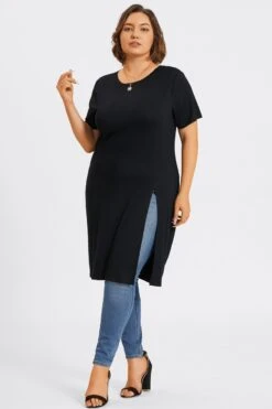 Black Crew Neck Split Front Long Tunic -Bikini Bliss Shop c topbc032001 6