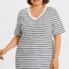 Stripe V-Neck Half Sleeve Side Slit Long Tee