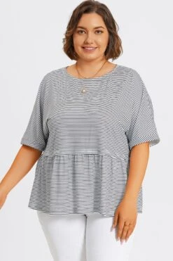 Black ＆ White Stripe Paneled Ruffled Hem Top