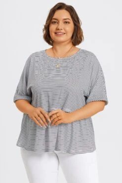 Black ＆ White Stripe Paneled Ruffled Hem Top -Bikini Bliss Shop c topbc036001 5