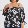 Floral Print Ruffle Knotted Sleeve Cold Shoulder Blouse