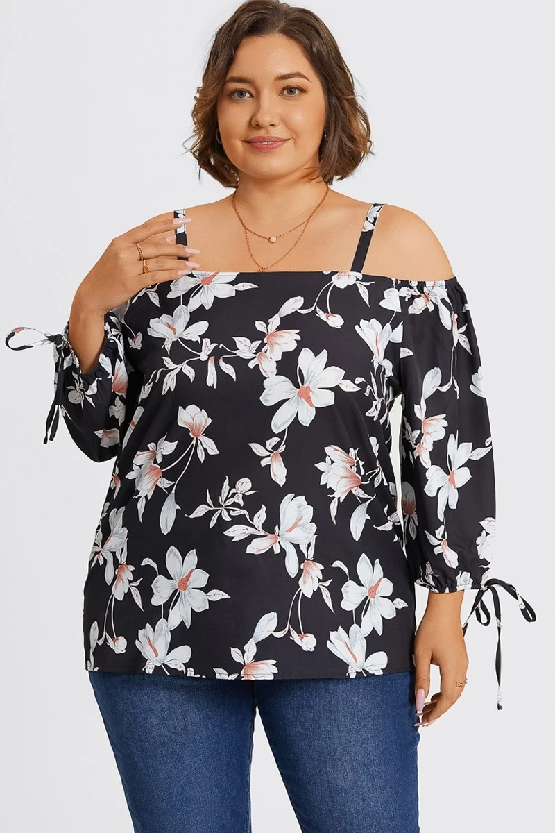 Floral Print Ruffle Knotted Sleeve Cold Shoulder Blouse 1 Floral Print Ruffle Knotted Sleeve Cold Shoulder Blouse