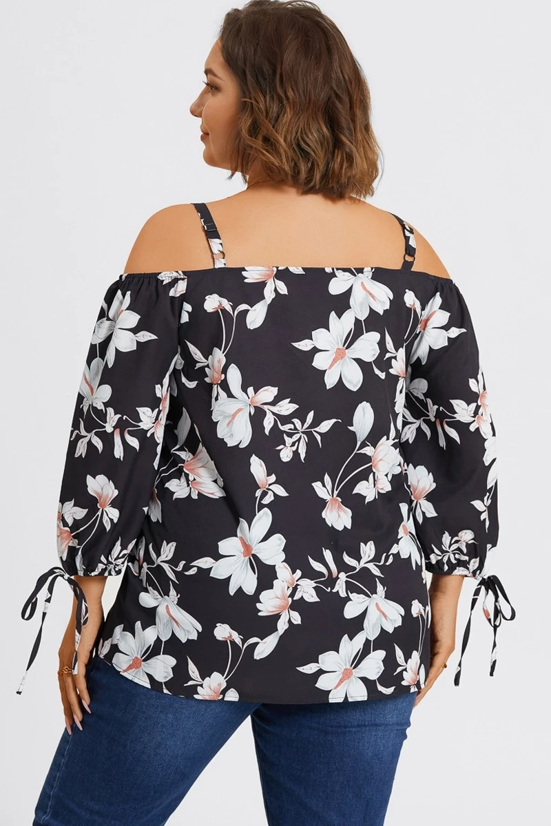 Floral Print Ruffle Knotted Sleeve Cold Shoulder Blouse 2 Floral Print Ruffle Knotted Sleeve Cold Shoulder Blouse - Image 2