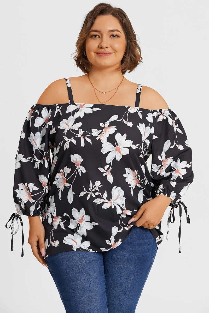 Floral Print Ruffle Knotted Sleeve Cold Shoulder Blouse 3 Floral Print Ruffle Knotted Sleeve Cold Shoulder Blouse - Image 3