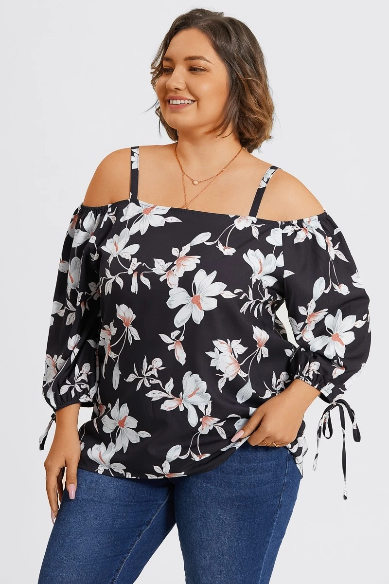 Floral Print Ruffle Knotted Sleeve Cold Shoulder Blouse 4 Floral Print Ruffle Knotted Sleeve Cold Shoulder Blouse - Image 4