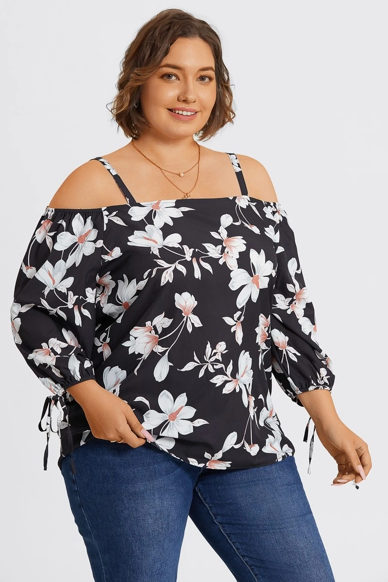 Floral Print Ruffle Knotted Sleeve Cold Shoulder Blouse 5 Floral Print Ruffle Knotted Sleeve Cold Shoulder Blouse - Image 5