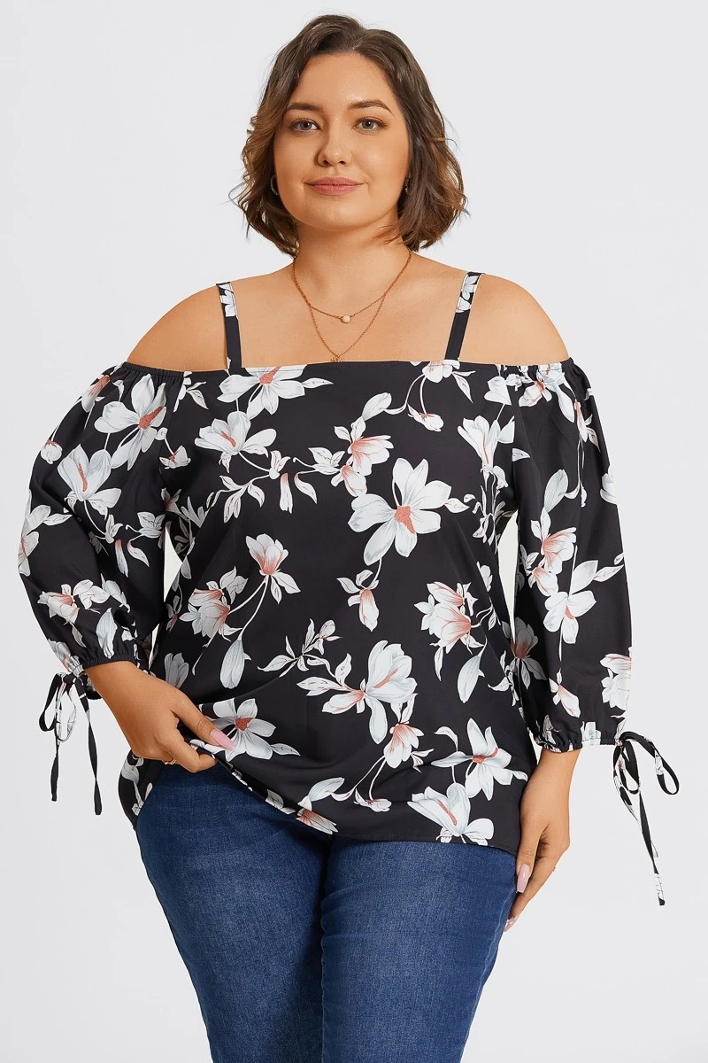 Floral Print Ruffle Knotted Sleeve Cold Shoulder Blouse 6 Floral Print Ruffle Knotted Sleeve Cold Shoulder Blouse - Image 6