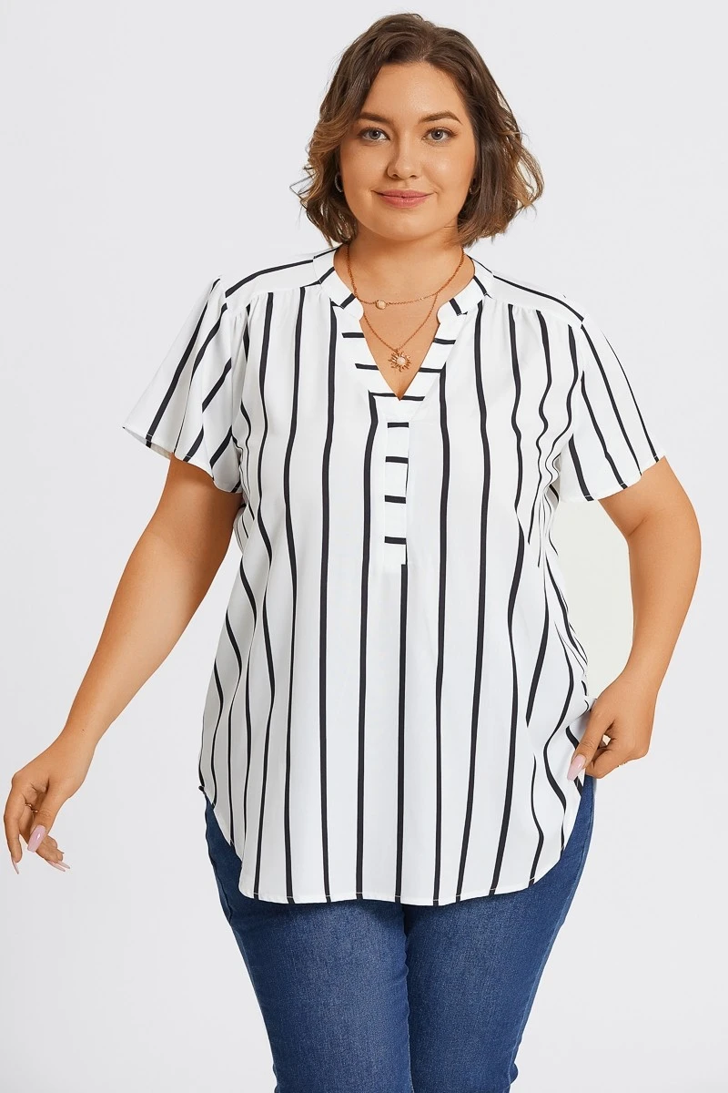 Stripe Crepe De Chine Flutter Short Sleeve Blouse 3 Stripe Crepe De Chine Flutter Short Sleeve Blouse - Image 3