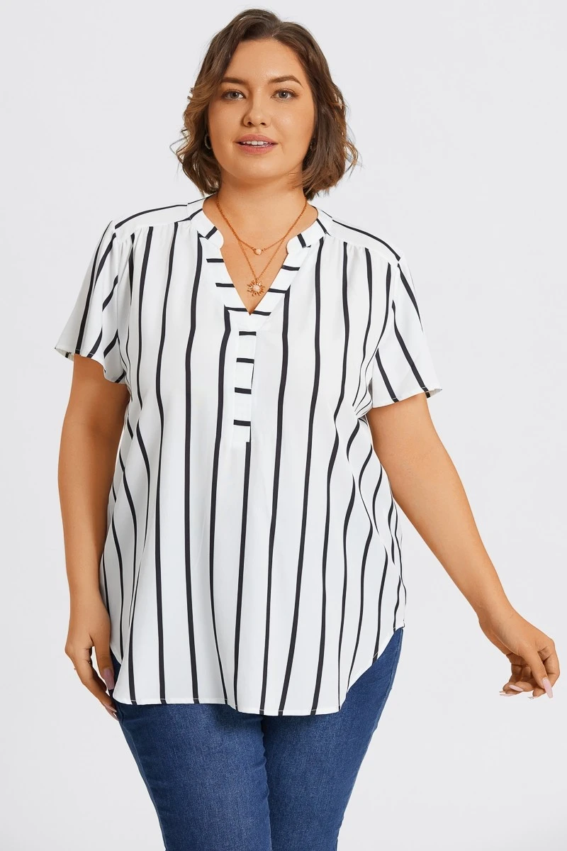 Stripe Crepe De Chine Flutter Short Sleeve Blouse 4 Stripe Crepe De Chine Flutter Short Sleeve Blouse - Image 4