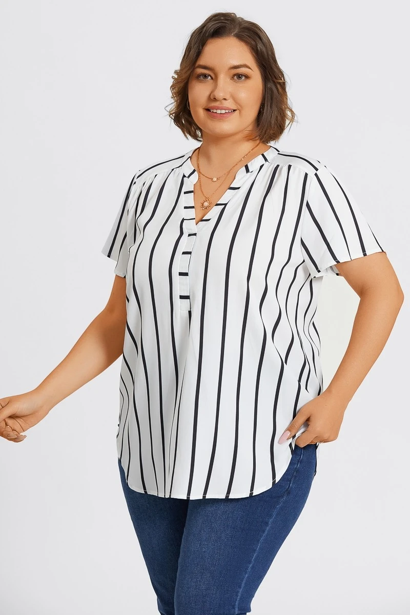Stripe Crepe De Chine Flutter Short Sleeve Blouse 5 Stripe Crepe De Chine Flutter Short Sleeve Blouse - Image 5