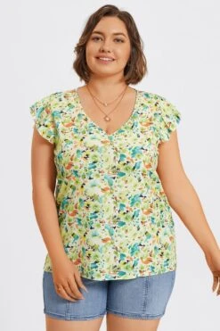 Plus Size Allover Floral Print Butterfly Sleeve Blouse -Bikini Bliss Shop c topbc040001 3
