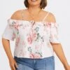 Floral Print Cold Shoulder Ruffle Trim Tie Front Blouse