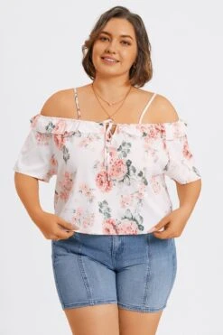 Floral Print Cold Shoulder Ruffle Trim Tie Front Blouse -Bikini Bliss Shop c topbc041001 3
