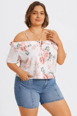 Floral Print Cold Shoulder Ruffle Trim Tie Front Blouse -Bikini Bliss Shop c topbc041001 5
