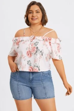 Floral Print Cold Shoulder Ruffle Trim Tie Front Blouse -Bikini Bliss Shop c topbc041001 6