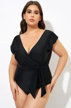 Black Short Sleeve Waist Tie One Piece Swimsuit -Bikini Bliss Shop dsc00015