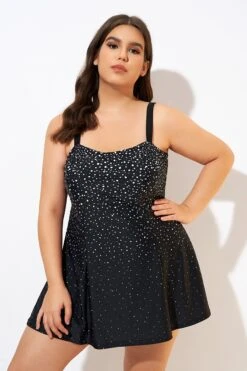 Black White Dot Square Neckline Adjustable Straps Swimdress -Bikini Bliss Shop dsc00685