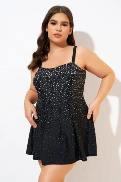 Black White Dot Square Neckline Adjustable Straps Swimdress -Bikini Bliss Shop dsc00688