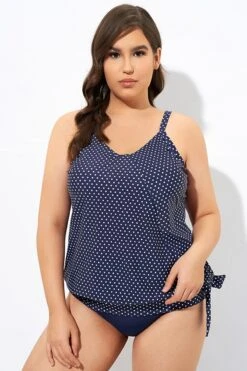 Navy Pindot Women Side Tie Round Neck Tankini Top -Bikini Bliss Shop dsc07014
