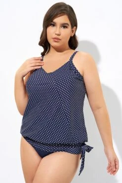 Navy Pindot Women Side Tie Round Neck Tankini Top -Bikini Bliss Shop dsc07052