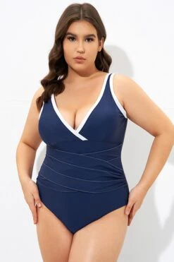Blue Twist Front Plunge White Trim One Piece Swimsuit -Bikini Bliss Shop dsc07367