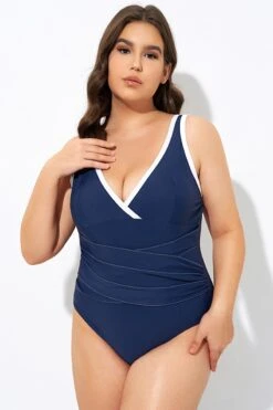 Blue Twist Front Plunge White Trim One Piece Swimsuit -Bikini Bliss Shop dsc07391