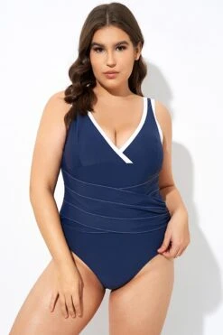 Blue Twist Front Plunge White Trim One Piece Swimsuit -Bikini Bliss Shop dsc07396