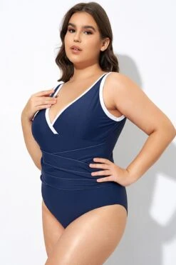 Blue Twist Front Plunge White Trim One Piece Swimsuit -Bikini Bliss Shop dsc07431