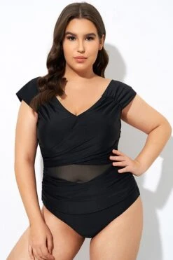 Black Mesh Cap Sleeve Cut Out One Piece Swimsuit -Bikini Bliss Shop dsc07662