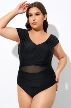 Black Mesh Cap Sleeve Cut Out One Piece Swimsuit -Bikini Bliss Shop dsc07685