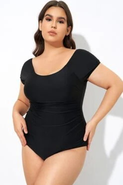 Elegant Solid Black Ladder Back One Piece Swimsuit