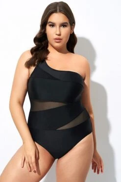 Black Mesh Sexy One Shoulder One Piece Swimsuit -Bikini Bliss Shop dsc07964